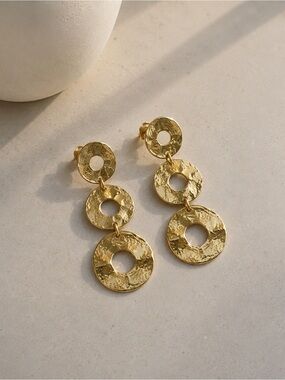 New Gold-Tone Hammered Triple Disc Drop Earrings
